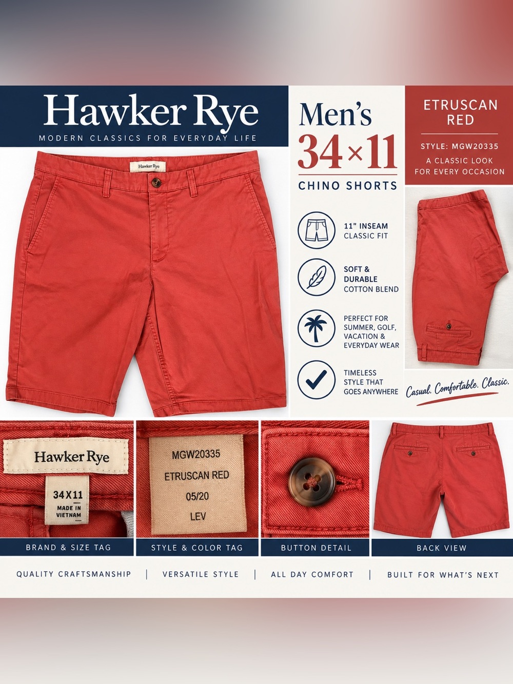 Hawker Rye Essential Wash 11” Chino Shorts Etruscan Red 34